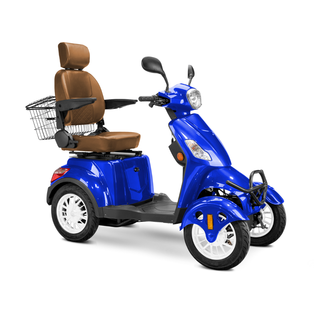 The Bespoke Prestige Recreational 4-Wheel Scooter features a cushioned brown adjustable seat with armrests, rear metal basket, front headlight, and is designed for comfortable, accessible transportation.